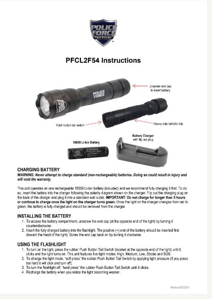 Police Force Ultra-Lite L2 LED Flashlight Instructions Cover